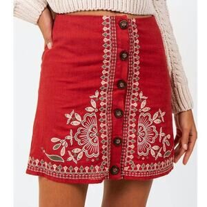 NWT FRANCESCA'S Denna Button Embroidered Mini Skirt Lined Women L Floral Red